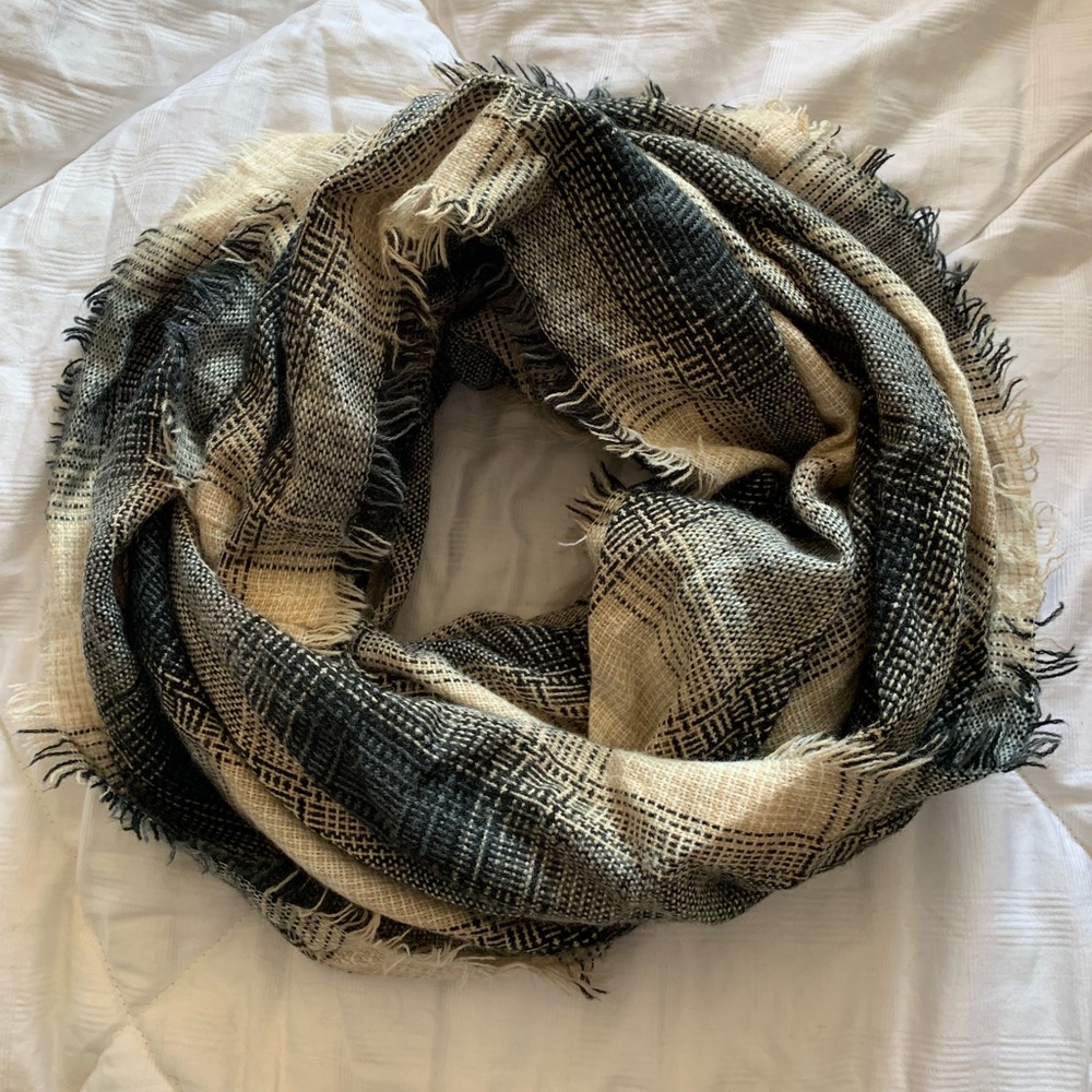 Cream and Navy Plaid Infinity Scarf